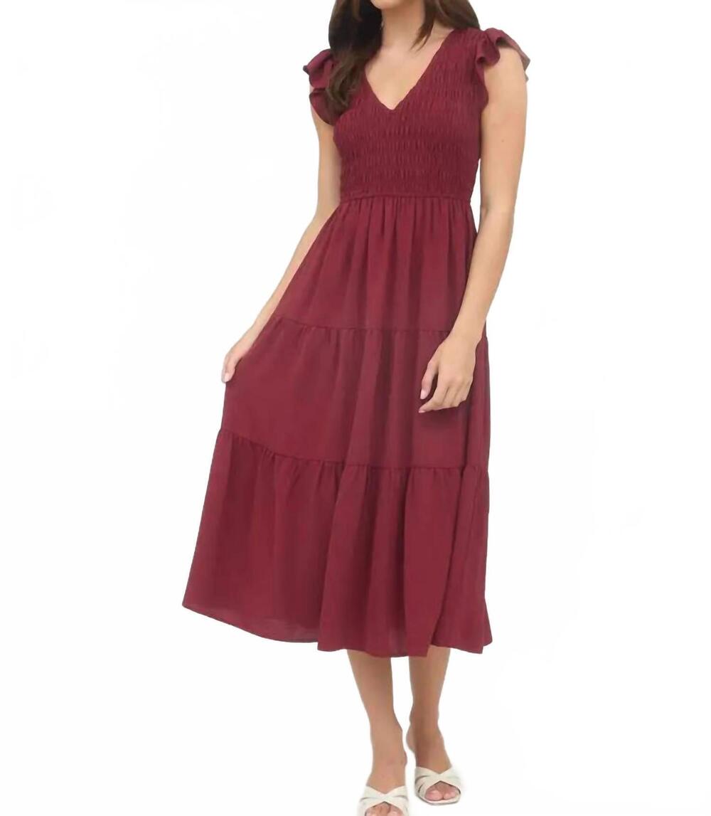NEW BLU PEPPER smocked v neck midi dress in wine